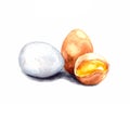 watercolor illustration of three chicken eggs and one broken egg isolated on a white background