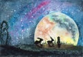 Watercolor illustration of three rabbits or hares in a field with grass, looking on a huge colorful moon and bright starry sky Royalty Free Stock Photo