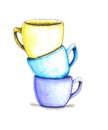 Three tea-cups watercolor illustration