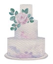 Watercolor three tier white wedding cake decorated with fresh rose flowers and leaves