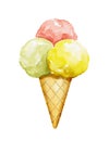 Watercolor illustration with Three various balls of ice cream in waffle cone