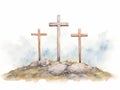 Watercolor illustration of three wooden crosses on a hill with grass and clouds. Generative AI Royalty Free Stock Photo