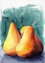 Watercolor illustration of three yellow ripe pears