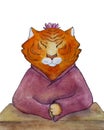 Watercolor illustration of a tiger meditating with closed eyes