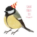 Watercolor illustration tit or titmouse in birthday hat