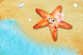 Watercolor illustration top view starfish sand beach ,shells,blue wave.Beautiful postcard or background.