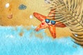 Watercolor illustration top view starfish sand beach ,shells,blue wave.Beautiful postcard or background Royalty Free Stock Photo