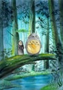Watercolor illustration of Totoro on a fallen tree across a forest stream Royalty Free Stock Photo