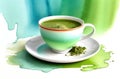watercolor illustration of traditional Japanese green matcha tea in white cup with powder