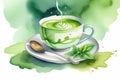 watercolor illustration of traditional Japanese green matcha tea in white cup with spoon