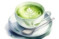 watercolor illustration of traditional Japanese green matcha tea in white cup with spoon