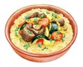 Watercolor illustration of traditional Maghrebi dish couscous