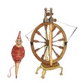 Watercolor illustration traditional old wooden cartoon distaff, spindle, spinning wheel.
