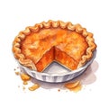 Watercolor illustration of traditional Thanksgiving pumpkin pie with cut out slice in baking form. Holiday pastry concept Royalty Free Stock Photo