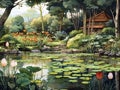 watercolor painting of a tranquil garden pond