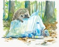 Watercolor illustration. Trash bag of waste in forest. Animals, plastic and ecology. Pollution of planet. Isolated image