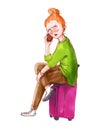 Watercolor illustration. Travelling girl making phone call. Royalty Free Stock Photo