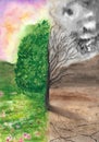 Watercolor illustration of tree landscape Royalty Free Stock Photo