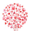 Watercolor illustration of the tree with pink and red heart shaped leaves on white background