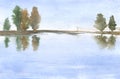Watercolor illustration of trees and reflections in water, lake. abstract rural natural background Royalty Free Stock Photo