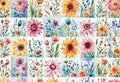 Watercolor illustration of trendy floral icon set, vintage style flowers on isolated background, Royalty Free Stock Photo