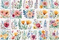 Watercolor illustration of trendy floral icon set, vintage style flowers on isolated background, Royalty Free Stock Photo