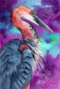 Watercolor illustration of a tricolored heron with blue and purple feathers Royalty Free Stock Photo