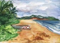 Watercolor illustration of a tropical beach, boat, waves and palms.