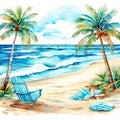 Watercolor illustration of a tropical beach with palm trees and chaise lounges.