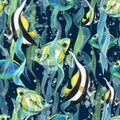 Watercolor illustration of tropical fish in algae with splashes. Seamless pattern on a dark blue background. For design