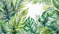 Watercolor illustration of tropical leaves frame on white