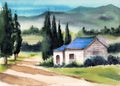 Watercolor illustration of a Tuscan landscape with distant mountains