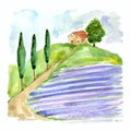 Watercolor illustration with Tuscan landscape with lavender field and country house in Europa . Royalty Free Stock Photo