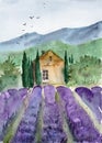 Watercolor illustration of a Tuscan landscape with a small house Royalty Free Stock Photo