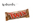 Watercolor illustration of twix dessert close up. Illustrative editorial.