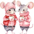 Couple Cute Mice in Winter Clothes Holding Mugs Illustration