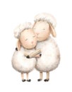 Watercolor illustration with two animals pair of white sheep hug each other and smile Royalty Free Stock Photo