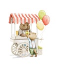 Watercolor illustration with two animals in summer buy ice cream