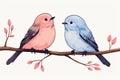 Watercolor illustration of two birds perched on a branch Royalty Free Stock Photo