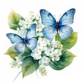 watercolor illustration two blue butterflies on hydrangea flowers isolated on white background Royalty Free Stock Photo