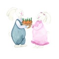 Couple of bunnies with basket of carrot