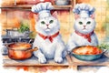 Watercolor illustration of a two chefs cats cooking in a kitchen.