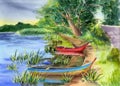 Watercolor illustration of two colorful fishing boats on the banks of the river Royalty Free Stock Photo