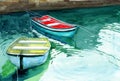 Watercolor illustration of two colorful fishing boats at the pier