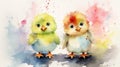 Watercolor illustration of two colorful happy cartoon chicks on the background of pastel paint splashes and stains Royalty Free Stock Photo