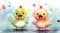Watercolor illustration of two colorful happy smiling cartoon chicks on background of pastel paint splashes and stains Royalty Free Stock Photo