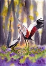 Watercolor illustration of two crowned cranes dancing in a sunlit forest