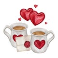 Watercolor illustration of two cup of coffee for date Royalty Free Stock Photo