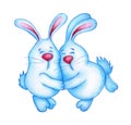 Watercolor illustration of two cute blue Easter bunnies hugging each other. Royalty Free Stock Photo