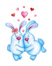 Watercolor illustration two cute blue rabbits are in love with each other. Royalty Free Stock Photo